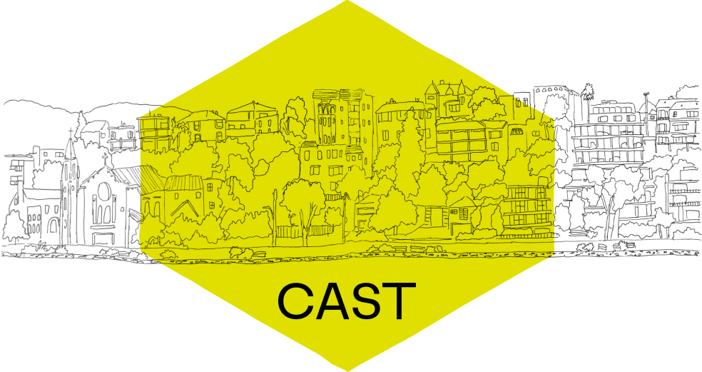 A black and white illustration of a tree-lined urban cityscape with a lime hexagon in the center labeled 